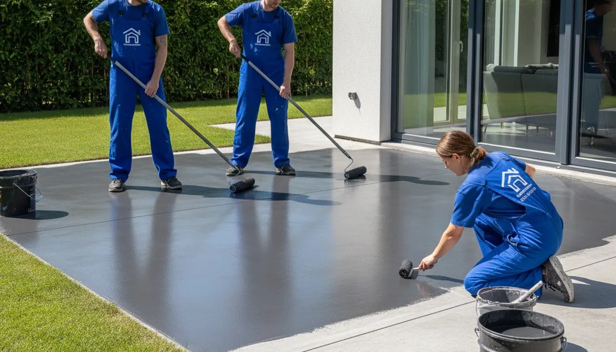 Concrete staining on residential patio in Concord, MA with durable, weather-resistant finish
