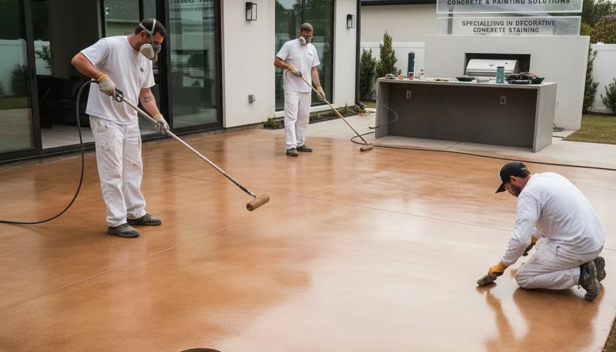 Concrete staining on residential patio in Concord, MA with durable, protective finish by local painters