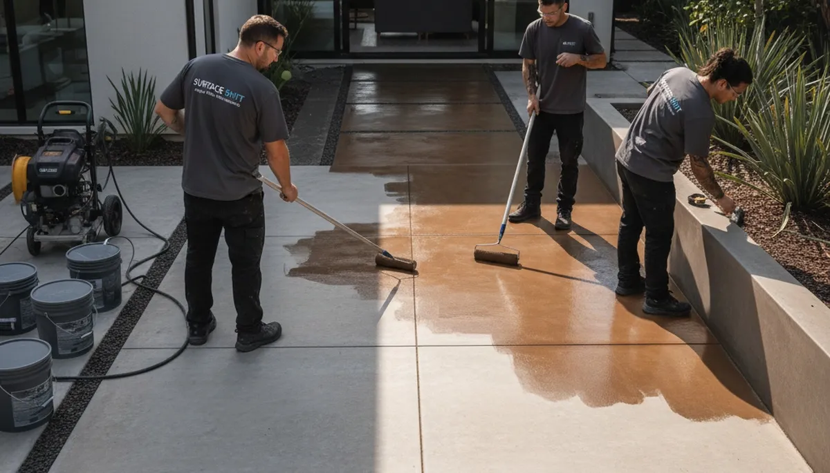 Concrete staining on residential patio in Concord, MA with durable protective finish by local painters