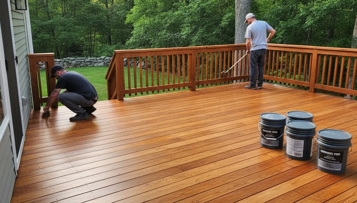 Professional deck staining in Concord MA protecting wood surface with durable UV‑resistant finish