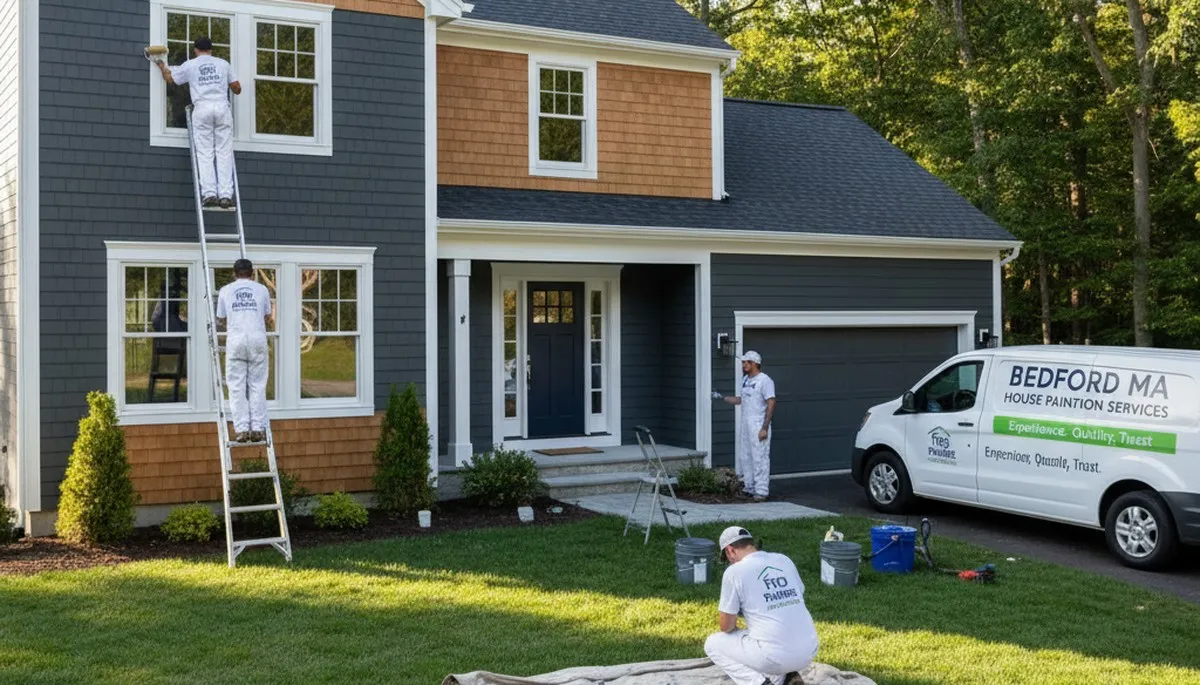 Professional house painters at work on a Concord MA home exterior painting project
