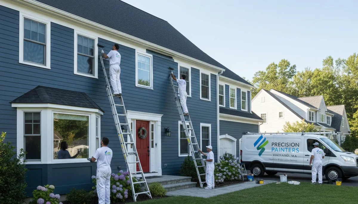 Professional house painters working on exterior home in Concord MA