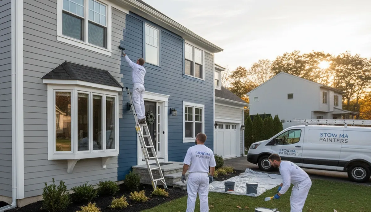 Professional house painters working on residential exterior in Concord MA