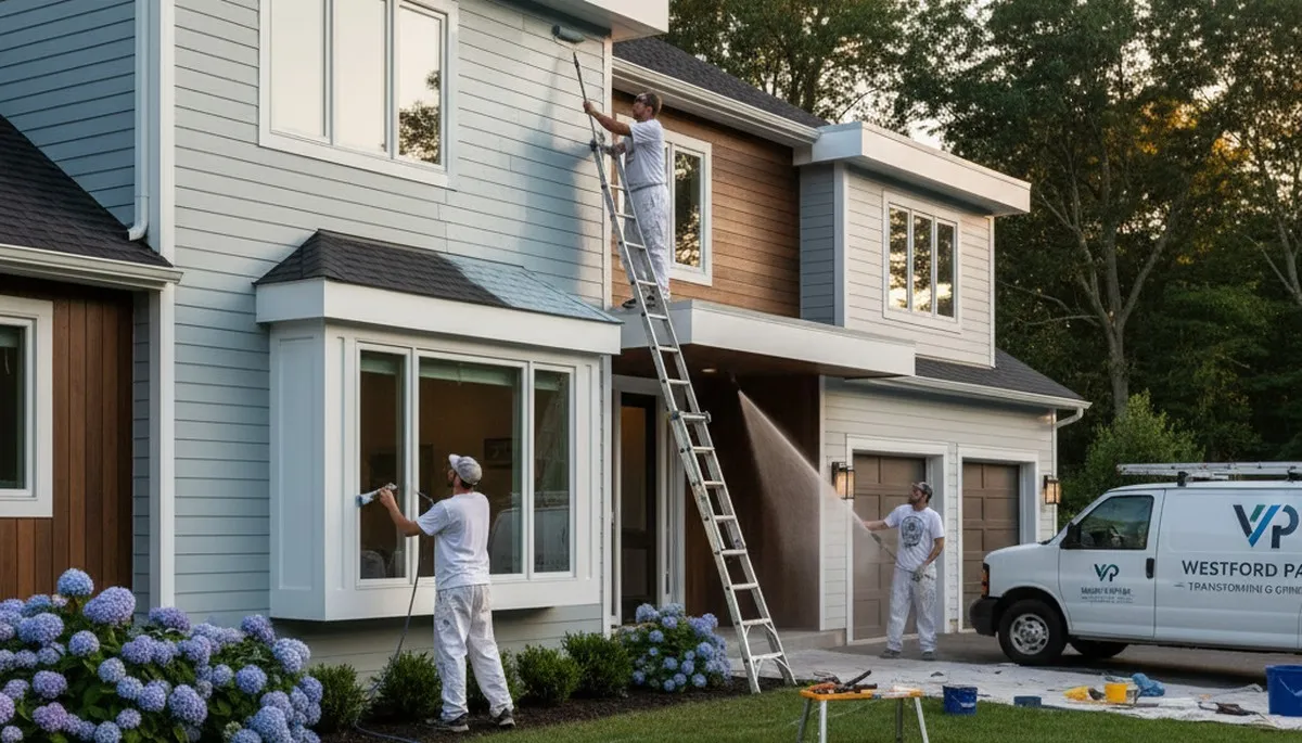 Professional house painters working on an exterior home repaint project in Concord, MA