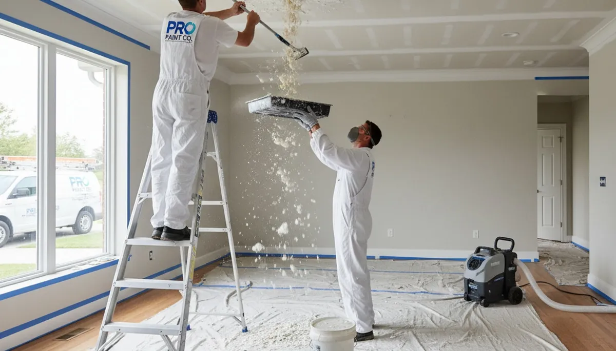 Professional popcorn ceiling removal in Concord MA home by expert painting contractors