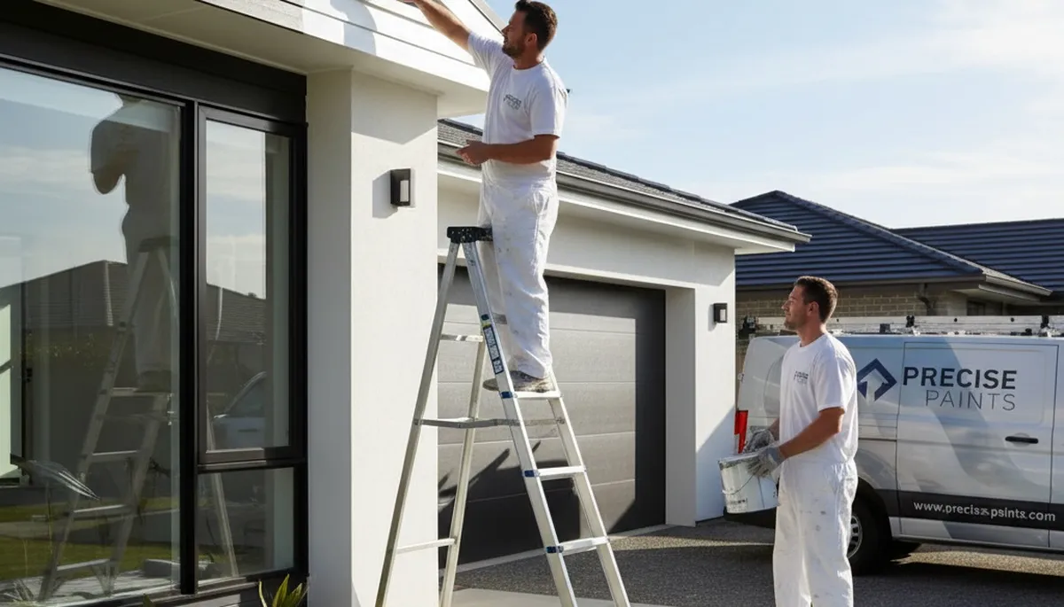 Professional trim and fascia painting on historic home exterior in Concord, MA